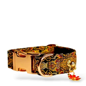 Golden Orient – Luxusní černo-zlatý žakárový obojek s červeným květem