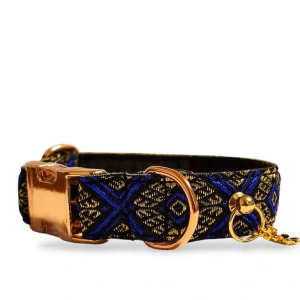 Royal Sapphire – Luxusní královsky modrý žakárový obojek se zlatou