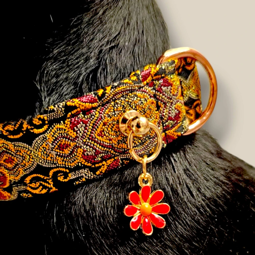 Golden Orient – Luxusní černo-zlatý žakárový obojek s červeným květem