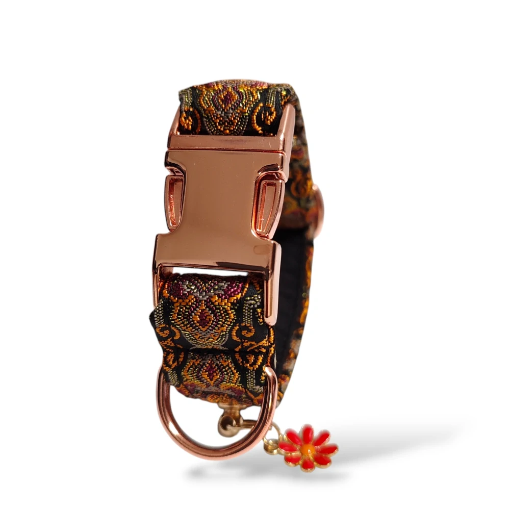 Golden Orient – Luxusní černo-zlatý žakárový obojek s červeným květem